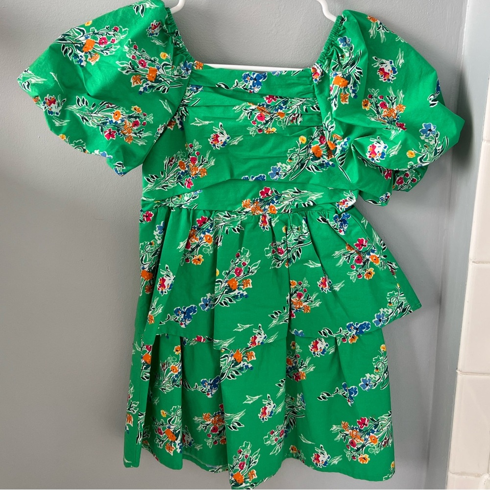Girls Floral Easter Green Dress with Puff Sleeves
